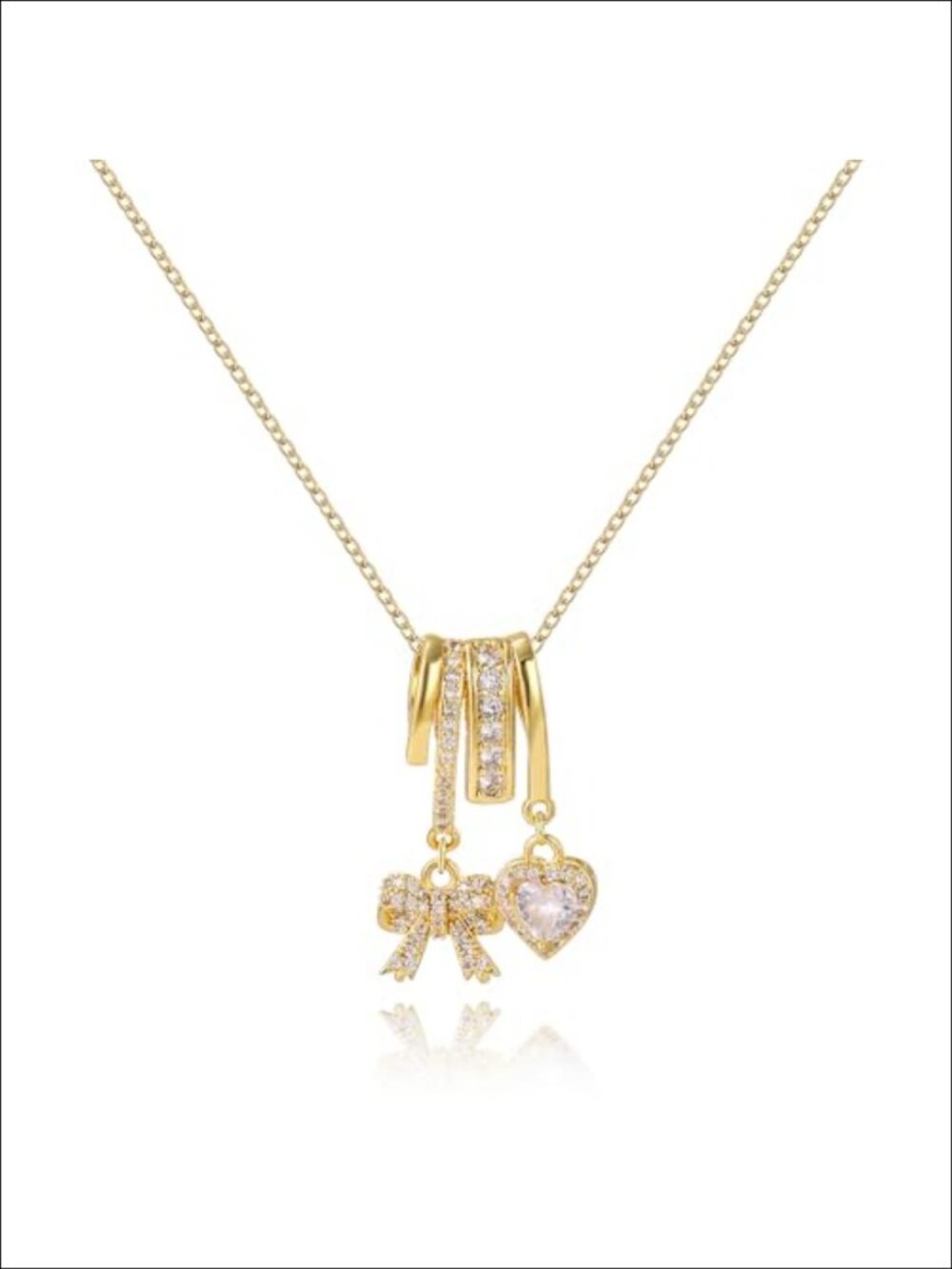 14K Gold Plated CZ Bow Heart Pendant Necklace 16+2 Inch Women Jewelry